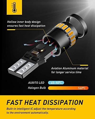 AUXITO 194 LED Light, Amber Yellow 168 2825 W5W T10 Wedge LED Replacement Light Kit Error Free for Car Dome Map Door Parking License Plate Marker Lights, Pack of 10 — view 5