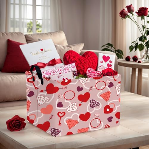 Image of Valentine's Day Basket Gift for Empty Cute Heart Large Storage Bin for Kid and Baby Room Decor (Diamond Key Lock Love)