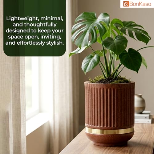 Image of BonKaso 14 Inch Tower Plant Pot for Indoor & Outdoor | Modern Lightweight Polymer Planter | Weather, UV & Frost Resistant | Ideal for Living Room, Balcony, Office & Nursery (Antique Brown)