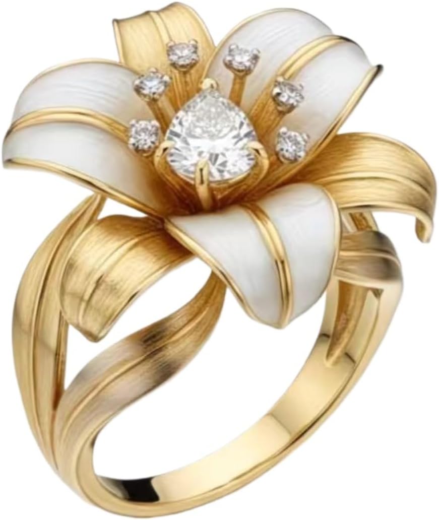 Floral Solitaire Ring for Women – Cubic Zirconia Gold Plated Band, Elegant Engagement Statement Jewelry Gift for Her, Birthday Present for Wife, Best Friend or Sister