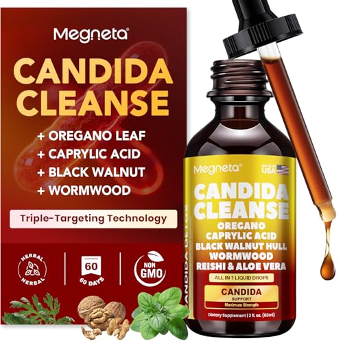 Candida Cleanse Detox with Triple-Targeting Technology All-in-1 Synergy Formula with Caprylic Acid Oregano Black Walnut & Wormwood Yeast Detox Gut Health Digestive & Immune Health (2 Fl Oz)