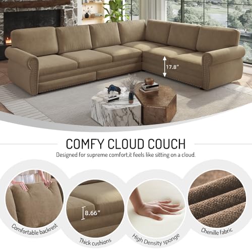 Image of KCGKCG 118 inch Sleeper Sofa Bed, Sectional Couches for Living Room /Apartment, Chenille L Shaped Couch with Pull Out Couch Bed, Convertible Sectional Sofa with Rolled Arm & Nailhead Trim, Camel