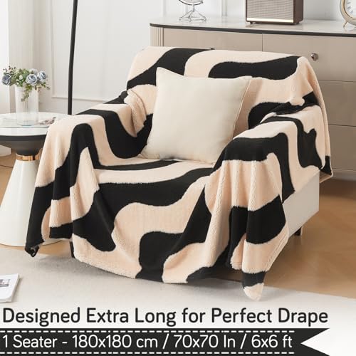 Image of HOKIPO Soft Plush Sofa Throw Cover for 1 Seater Sofa - Luxury All-Season Sofa Cover, 'Noirea Series' Wavy Stripe (180x180 cm) (AR-6651-D3)