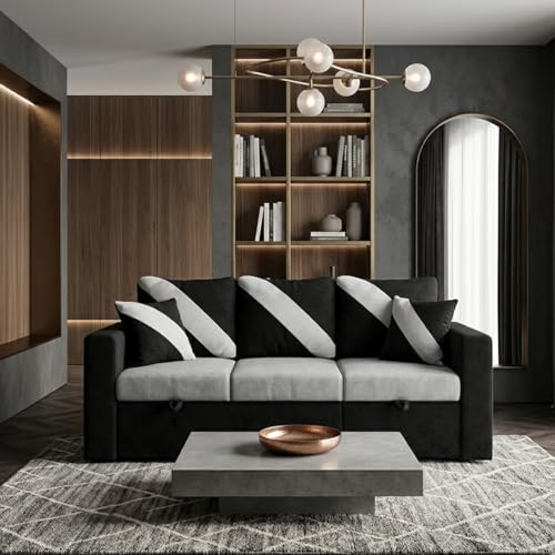 Image of FURNY Trivia 4 Seater RHS Lounger Sofa Cum Bed (Light Gray - Black) with Pull-Out Function | Luxury Velvet Suede Finish | Durable Comfort | Ideal for Living Room