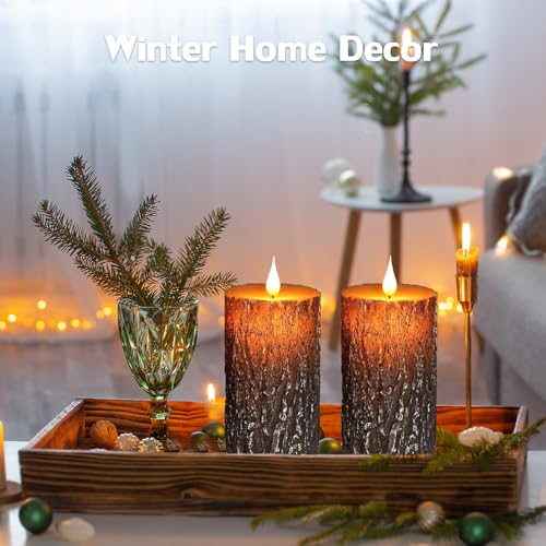 Image of Pine Bark Flameless Candles Set of 2, Christmas Candles with Remote & Timer