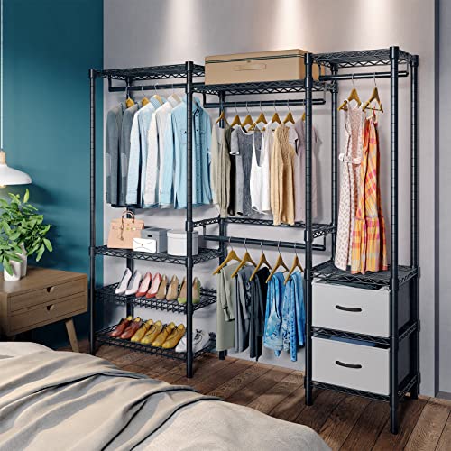 Vipek V8 Wire Garment Rack 5 Tiers Heavy Duty Clothes Rack With 2 Fabric Drawers & Shoes Racks, Freestanding Wardrobe Closet Metal Clothing Rack, Max Load 816Lbs, Black #TOP2