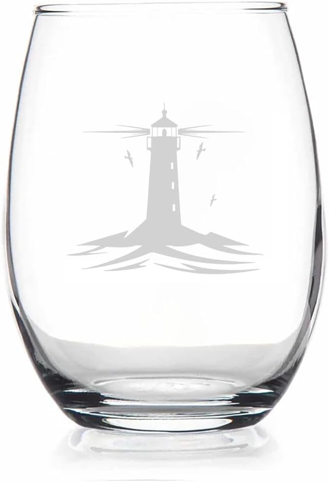 Lighthouse Stemless Wine Glass - Nautical Themed Decor And Gifts For Beach Lovers - Engraved Wine Glass - Funny Gift Idea - Best Gift For Wine Lover, 15oz, Transparent