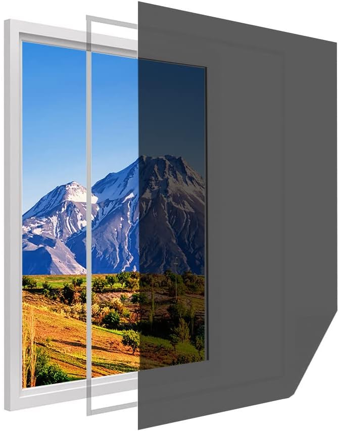 LEDLUX mosquito net installed on a window, showing its protective layer over a scenic view.