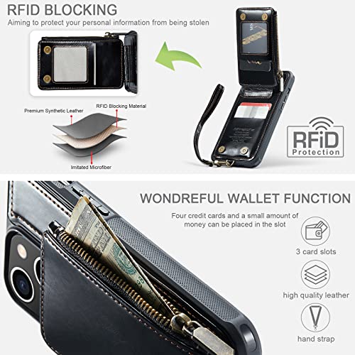 Strapurs Iphone 13 Case Wallet With Card Holder, Vintage Pu Leather Rfid Blocking Wirst Strap Zipper Double Magnetic Button Flip Folio Kickstand Shockproof Protective Phone Cover For Women Men, Black #TOP1