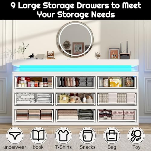 chartustriable 9 Drawer Dresser for Bedroom, White Dresser with LED Lights, Modern Chest of Drawers for Closet, 63\" Wide Drawers Organizer Cabinet for Living Room, Entryway, Hallway, White - Thumbnail 3