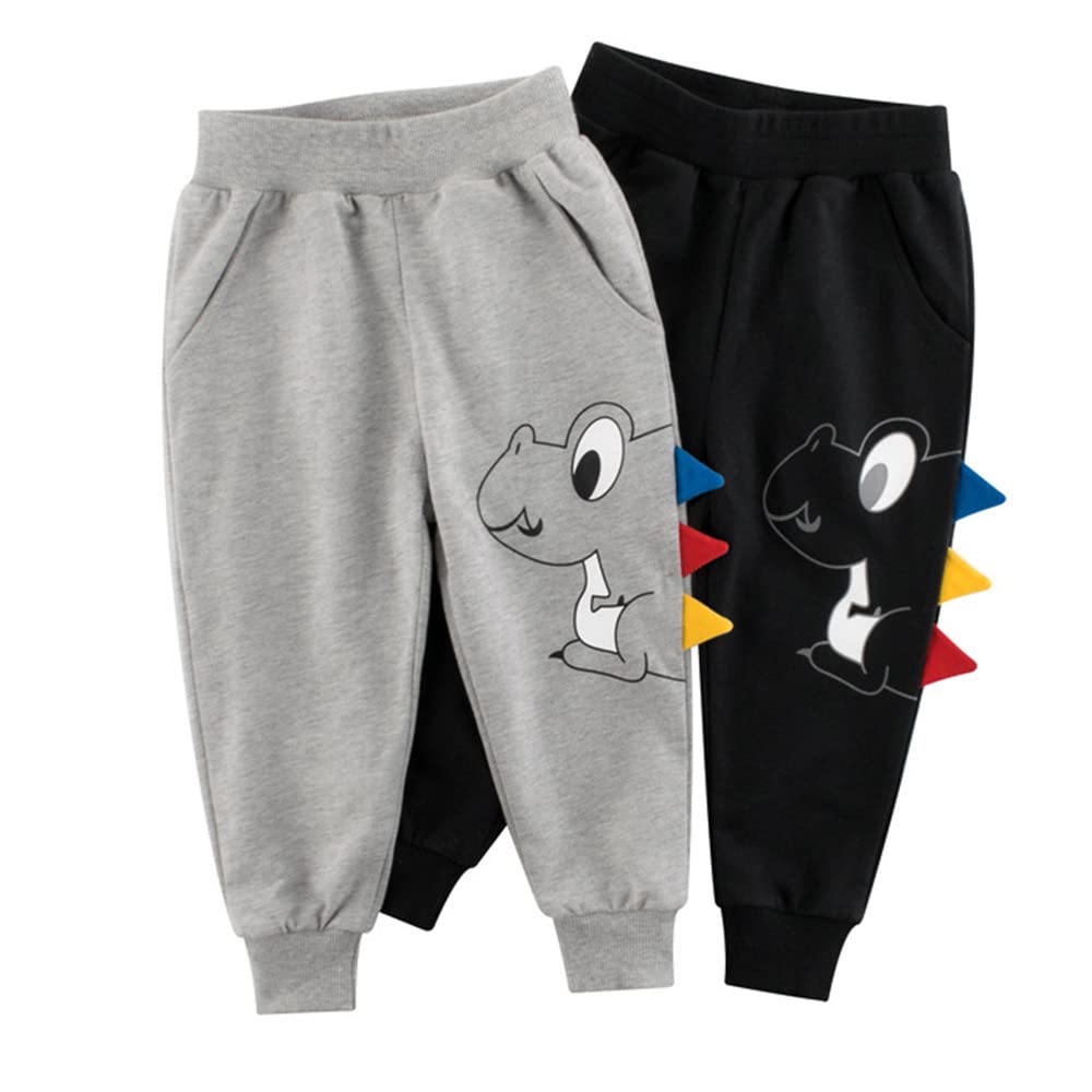 Codkkre Lot de 2 Pantalon Enfant Garcon Jogger Jogging Pantalon sport enfant Pantalons de Sport Garçon Pantalons de Survêtement Enfant Garcon Sweatpants Coton Cartoon Dinosaure 2 ans Dinosaure Noir
