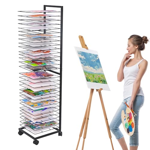 Image of GENMOUS Art Drying Rack, Metal Painting Drying Rack with 30 Removable Shelves, Art Storage Rack with Lockable Wheels for Art Studio Classroom School, 47.2 x 10.8 x 12 Inches