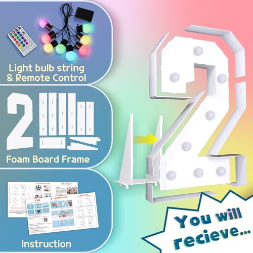 Image of Colorful 3FT Marquee Numbers 2, 18 Colors Large Light up Numbers | RGB with Remote, Birthday Party Decorations Anniversary Wedding Decorations Assembly Required 20 Pcs Accessory Set