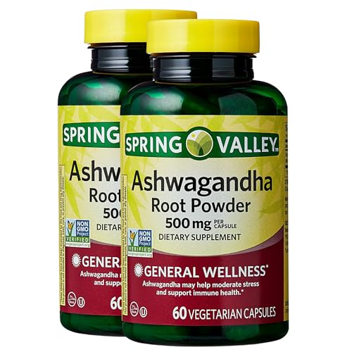 Spring Valley Ashwagandha, Ashwagandha 500mg Root Powder, 60 Capsules + (KPplus Sticker) (Pack of 2)
