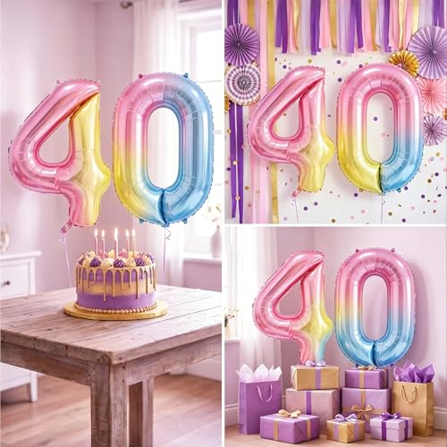 Image of Rainbow Number Balloons Birthday Balloons - Giant Number 40 Balloon 40 inch, Numbers Balloon Birthday Decorations, Rainbow Party Supplies for Baby Shower