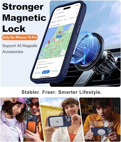 Image of BossKiss Compatible with iPhone 15 Pro Case, [Compatible with Magsafe] [Screen+Camera Protector] Magnetic Translucent Matte Women Men Girl Protective Cover for iPhone 15 Pro 6.1 inch, Deep Blue