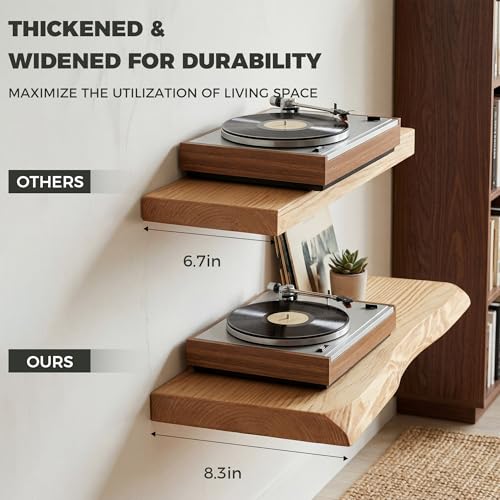 Image of 48 Inch Floating Shelves for Wall Decor, 88lbs Solid Spruce Wood Live Edge Floating Shelves, 8 inch Deep Rustic Wall Shelf for Bathroom Kitchen Bedroom Living Room, Invisible Bracket, Natural(Set of 1)