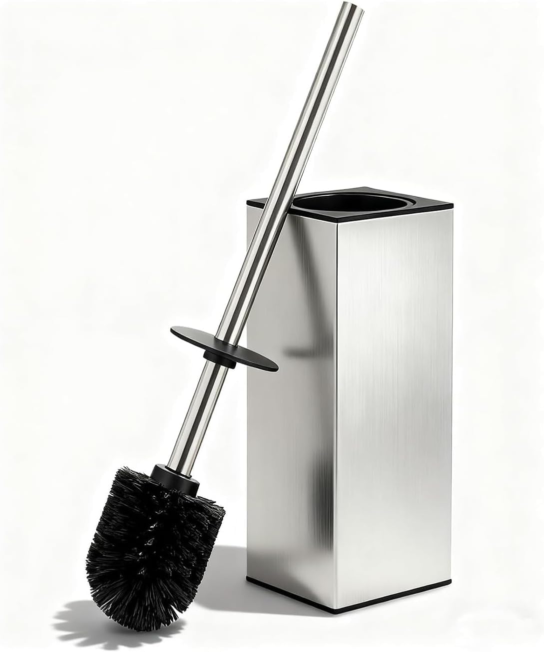 Toilet Brush and Holder Set, NEWRAIN Stainless Steel Toilet Brush with Long Brush Handle, Brushed Nickel Toilet Scrubber and Covered Holder, Square Design Sturdy and Space Saving, Covered Brush