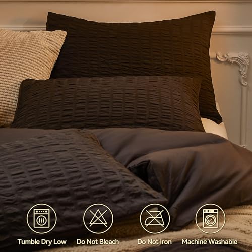 Image of JELLYMONI Black Duvet Cover King Size, 3pcs Washed Microfiber Bedding Set, Soft Breathable Seersucker Duvet Cover Set with Zipper Closure and Corner Ties for All Seasons