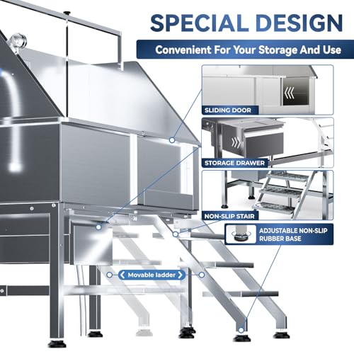 DYTREND Dog Washing Station for Home, Professional 46" Stainless Steel Dog Bathing Station, Height Adjustable Dog Grooming Tub w/Stair, Storage Drawer, Upgrade Parts(Right Stair)