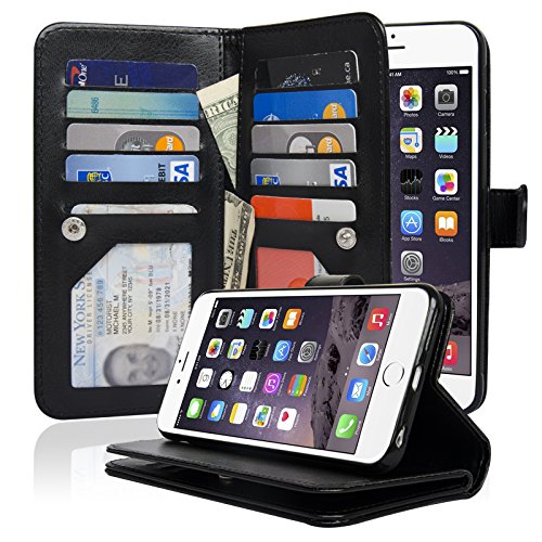 Navor Magnetic Detachable Wallet Case [10 Card Slots] [3 Money Pocket] Compatible for iPhone 6 Plus / 6s Plus 5.5 Inch [JOOT-3L]- Black (IP6P3BK)