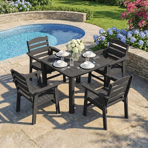 Image of 5-Piece Outdoor Dining Set for 4, HDPE Patio Dining Table and Stackable Chairs Set, Weather Resistant Square Table with Umbrella Hole for Garden, Backyard, Lawn and Poolside, Black