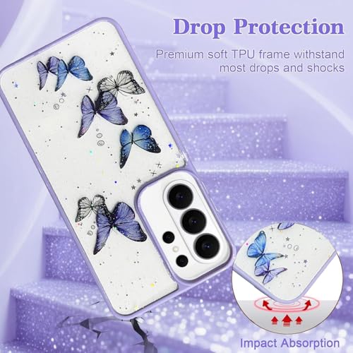 Image of VONZEE for Samsung Galaxy S26 Ultra Clear Glitter Butterfly Case, Cute Bling Sparkle Shiny Soft Silicone TPU Bumper Shockproof Women Girls Slim Protective Phone Cover, Purple