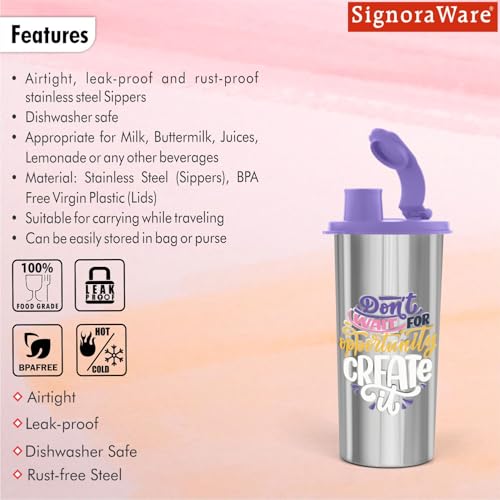 Image of SignoraWare Jumbo Stylish Stainless Steel Sipper | Airtight & Leakproof Lid | Easy to Clean & Carry | Ideal for Kids, Office, Gym, Travel, School & Outdoor Use (500ml | Purple)