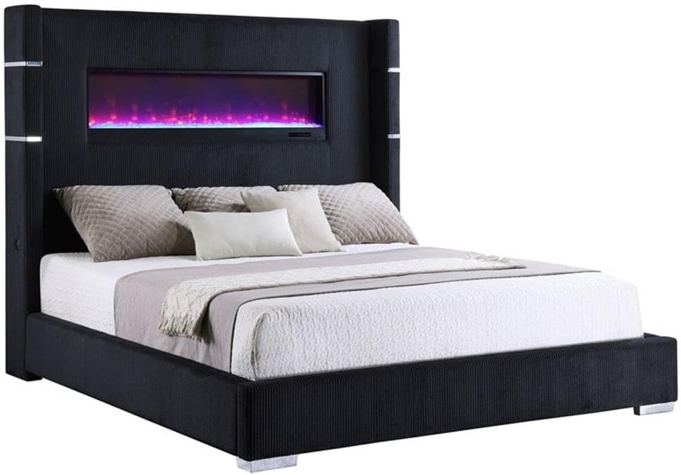 Pemberly Row Wingback Eastern King Upholstered Bed, Black Corduroy Fabric, 16-Color Flame Box, Remote-Controlled Fireplace, Durable Construction, Modern Bedroom Furniture, 67.25" H x 83.5" W x 89.5" D