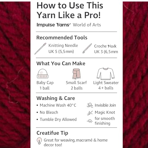 Image of WOAFashions Impulse Hand Knitting & Crochet Yarn, Premium Acrylic, 4 : Medium (Rouge) (3x100gms / 3.5oz / 200mtr / 218yds)