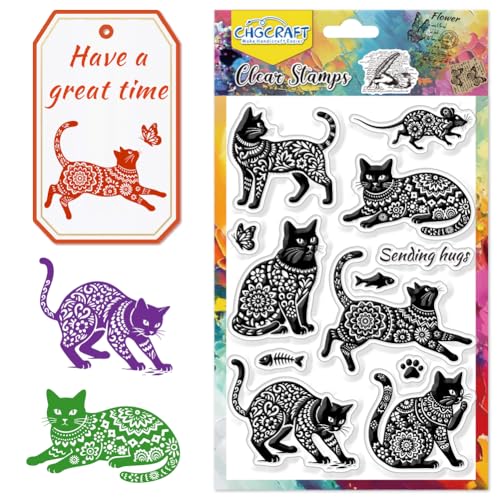 CHGCRAFT Sellos transparentes con diseño artístico de gato, diseño de mandala, silueta de gato, sello de silicona para manualidades, álbumes de recortes y tarjetas, decoración de manualidades de papel