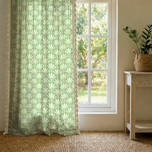 Image of Urban Space Boho Decorative Curtain for Long Door, 100% Cotton Curtain 8 Feet Long, 1 piece Curtain with Tassels, 60-65% Room Darkening with Tieback and Eyelets (Amaya Sage Green, 8 Feet)