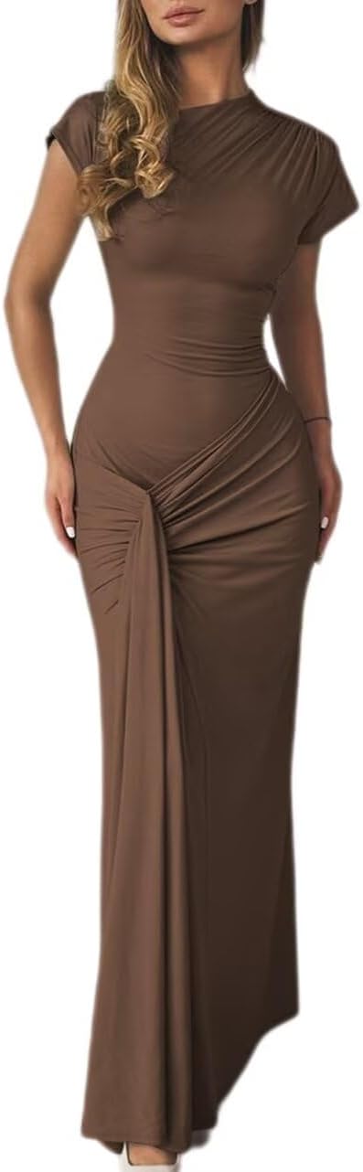 Mojessy Women Bodycon Maxi Dress Sexy Mock Neck Lace Up Bandage Ruched Short Sleeve Long Dress Cocktail Dress Medium Brown