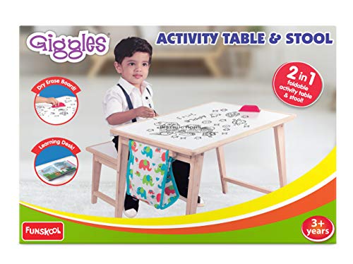 Image of Giggles Nico The Giraffe, Yellow & Giggles - 9924300 Activity Table & Stool, Foldable Wooden Study Set with Storage Bag and White Board