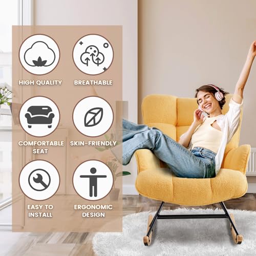 Image of SAETSFEG Rocking Chair Nursery Teddy Upholstered Glider Rocker Rocking Accent Chair Padded Seat with High Backrest Armchair Comfy Side Chair for Living Room Bedroom Offices (Golden Yellow Teddy)