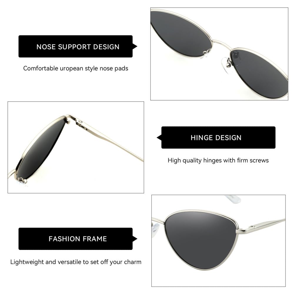 Damen-Sonnenbrille, Vintage-Stil, klein, Katzenauge, schmaler Metallrahmen, polarisierte Sonnenbrille, UV400-Schutz für Frauen