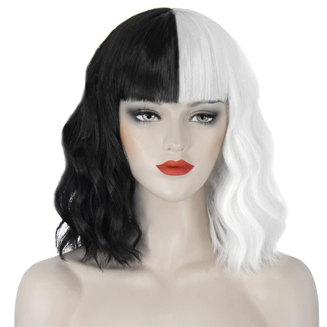 Cruella Deville Wig - Black and White, Short Wavy Wig for Women's Cruella Costume Party - JZ001BW
