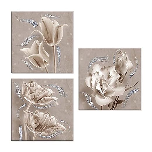 Lupia Set 3 Pezzi Quadri su Tela Tema Floreale Canvas Day Brillant con Glitter 38x38 cm Flower Shabby