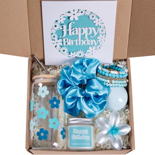 Image of JTEWB Birthday Gifts For Women, Teen Girl, Her, Happy Birthday Gift Box For Girl, Women, Sister, Daughter, Friends, Cute Daisy Aesthetic Glass Cups Gift Set 7pcs (Aqua Turquoise)
