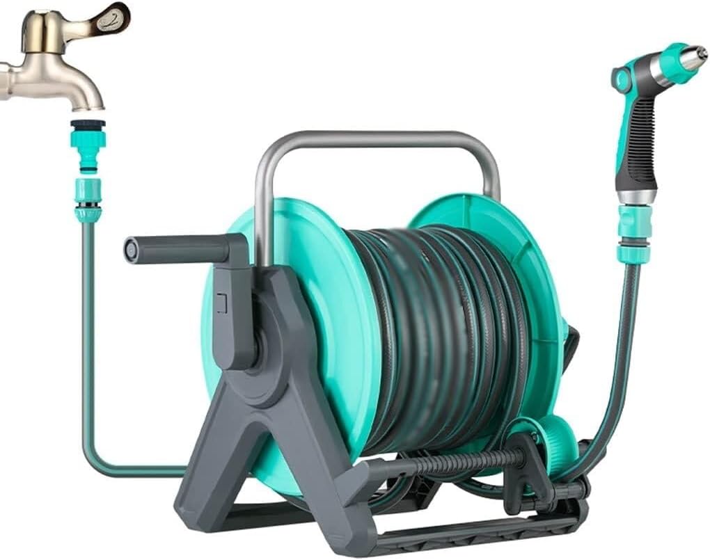 Portable Hose Reel Cart with 30m PVC Water Pipe, Wall-Mounted & Floor Use Garden Hose Organizer, Adjustable Water Gun, Easy Assembly(Hose Cart+25m Pipe)