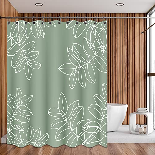 Qahing Sage Green Waterproof Shower Curtains For Bathroom White Leaf Bath Curtains Decor With Hooks Minimalist Botanical Leaves Decorative Plant Fabric Shower Curtains Hotel,72X72 Inches #TOP1