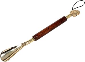 SkyWalker Metal Solid Brass Shoe Horn with Mahogany Wooden Handle and Brass Horse's Head, 16 Inch Long