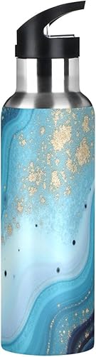 Miniatura 9 de Kcldeci Botella de agua deportiva Ocean Marble Blue Gold de 20 onzas con aislamiento al vacío de acero inoxidable con pajita, taza térmica de metal
