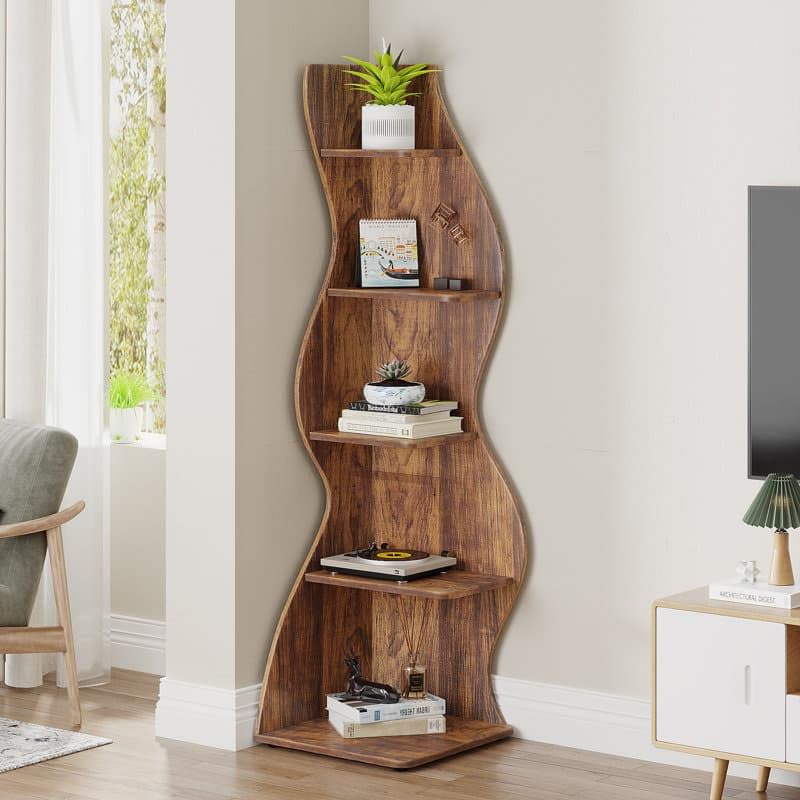 Solid Wood Corner Bookshelf for Living Room | Wooden 5-Tier Wall Corner Bookshelf with Storage for Home (Honey Finish)