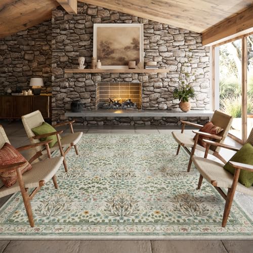 Image of Washable Area Rug 8x10 - Vintage Floral Living Room Rug for Dining Room (Under Table), Bedroom - Stain Resistant, Soft Low Pile, Non-Slip Large Carpet