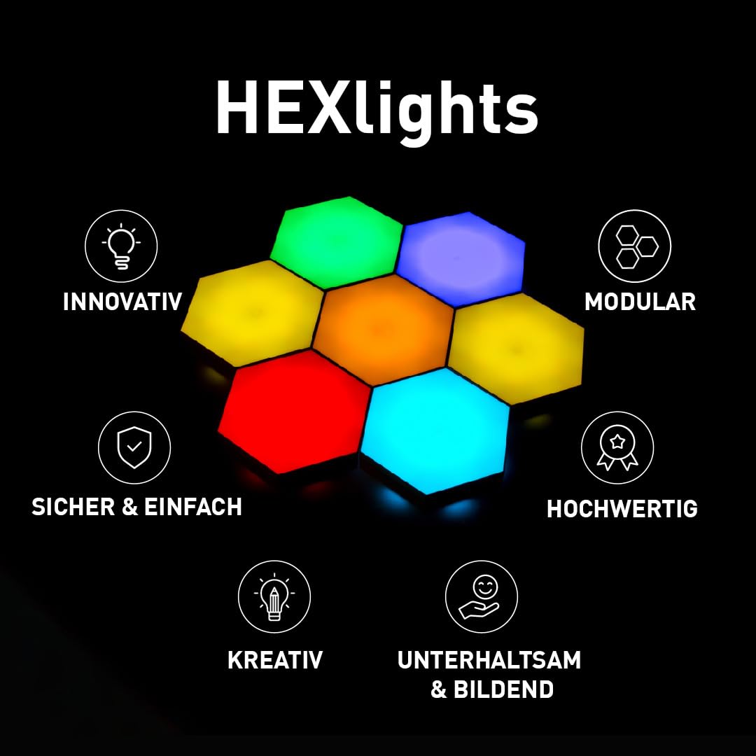 Emberela HEXlights 7er-Pack Hexagon Lichter - LED Lichtpaneele für Wand oder Tisch - Berührungs- & Fernbedienungsgesteuert - Dekor für Gaming Zimmer - Sehr geeignet für Kinder mit Autismus