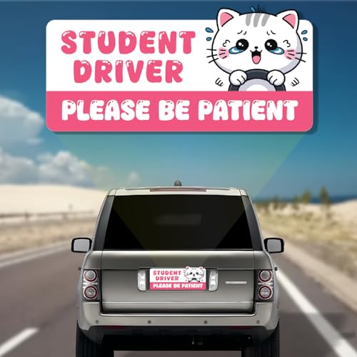 Image of 7.6x3.6 Student Driver Magnet for Car - Adorable Crying Cat Design, Funny & Cute Student Driver Magnet, Cat Student Driver Car Magnets, Student Driver Stickers & Sign for New, Teen, Learner Drivers