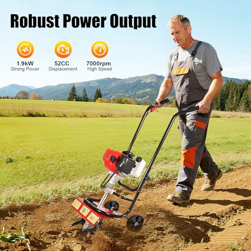 Gas Powered Tiller Cultivator, 52CC 2-Stroke Gasoline Engine Hand-Pushed Soil Micro-Tiller, 17 Inch Tilling Width Garden Farm Mini Gasoline Rototiller for Plowing, Ditching, Field Soil Cultivation