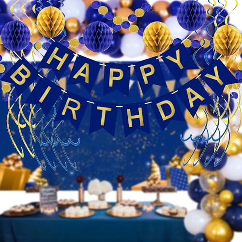 Image of Blue Birthday Decorations, Happy Birthday Banner with Honeycomb Balls, Circle Dot Garland and Hanging Swirl Decorations for Women Men Boys Girls (Blue Gold)