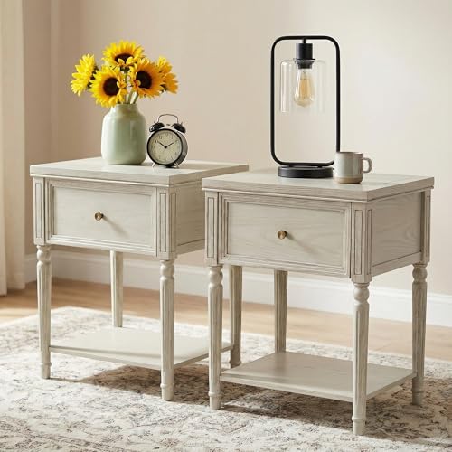 Image of Chogori Solid Wood Nightstands Set of 2 with Drawer, Farmhouse End Table Sofa Side Table with Storage Shelves, Real Wood Beside Table Accent Table for Small Spaces, Living Room, Easy Assembly, Gray